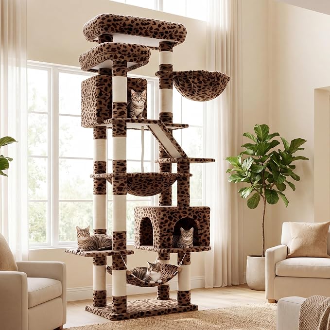 Heybly Cat Tree, 71-Inch-Tall Tower for Indoor Cats with 2 Perches HCT034BW | Large Cat Furniture with 2 Big Condos, 2 Hammocks, Basket, Scratching Pad, Multi-Level Cat Condo, Leopard Print