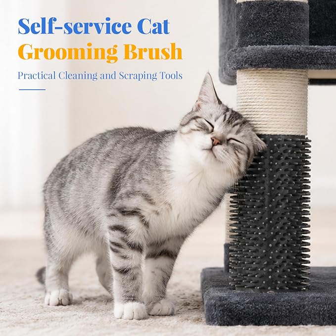 Hey-brother Cat Tree, Multi-Level Tower with 3 Condos, Hairbrush, MPJ035-MG | 74 Inches XL Large Scratching Posts for Indoor Cats and Kittens, 2 Wide Platforms, 2 Plush Baskets, Toy Balls, Smoky Gray