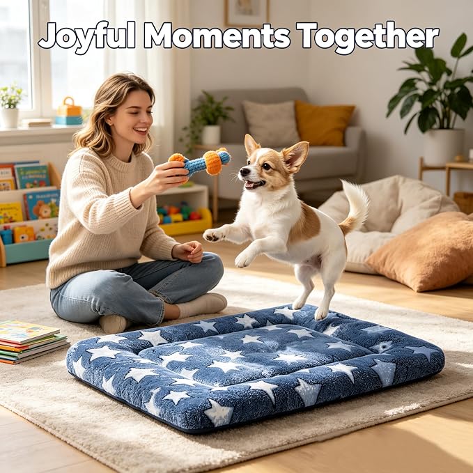 Dog Bed Mat - Comfortable Dog Kennel Pad, Multi-Purpose Crate Bed Mats for Dogs & Cats (NavyBlue&Stars, 24.0" L x 18.0" W x 1.5" Th)