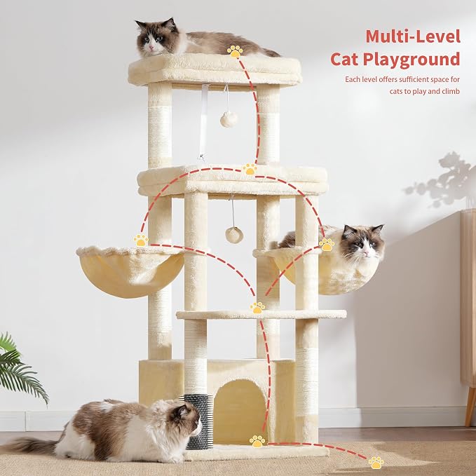 Hey-brother Cat Tree Tower with Extra Large Platform, Big Condo, MPJ070M | 51.1 Inches Scratching Posts with 2 Cozy Hammocks, Self-Grooming Brush for Indoor Adult Cats, Maine Coon, Beige