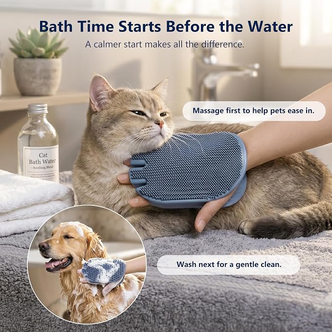 Pet Bathing Glove for Dogs & Cats, 1-Pack Dual-Sided Silicone Dog Bath Brush with Pre-Bath Massage Bumps and Shampoo Lathering Bristles, Cat Grooming Mitt for Shower Cleaning and Loose Fur