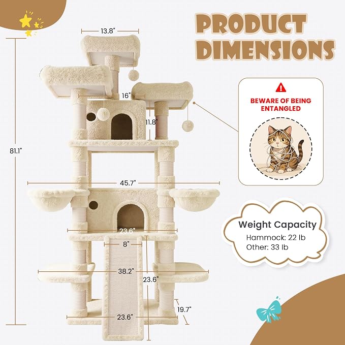 SHA CERLIN 81 Inches Extra Large Cat Tree for Indoor Adult Cats/XXL Big Cat Tower with Condo/Cozy Perches/Sisal Scratching Posts and Hammocks/Activity Center/F80/Heavy Duty/Beige