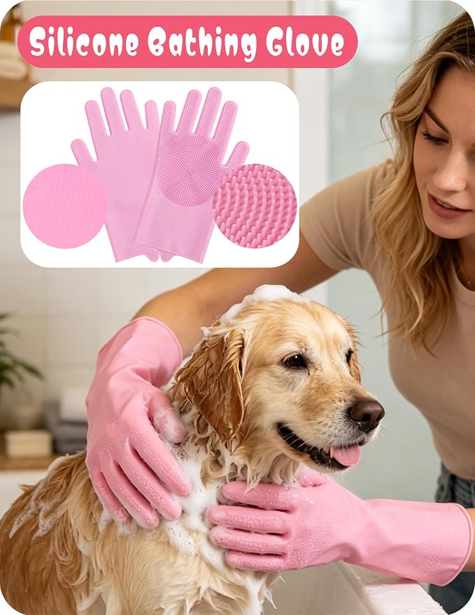 Dog Bathing Supplies Pet Grooming Set Kit, Bath Washing Gloves, Towels, Shampoo Bath Brush, Finger-Sleeve Toothbrush, Pet Washing Kit, Suitable for Dogs and Cats 9-Piece (Pink)