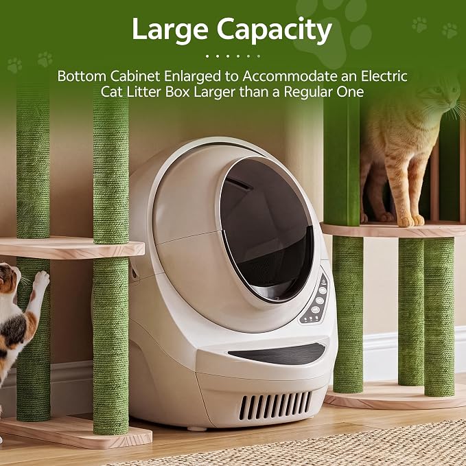 Wood Cat Tower for Self-Cleaning Litter Box, with Faux Plant, 58In | Multi-Level Cat Tree for Adult Large Cats, with Cozy Plush Bed, House, Scratching Posts, Cat Furniture for Indoor Cats, Green