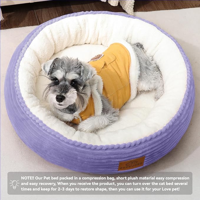 Zerbuger 23in Violet Round Cat Dog Bed Gift for Large Medium Small Dogs Cats, Machine Washable Sleeping Sofa, Non-Slip Bottom Breathable Soft Calming Pet Cuddler for Indoor/Outdoor/Car/Cage