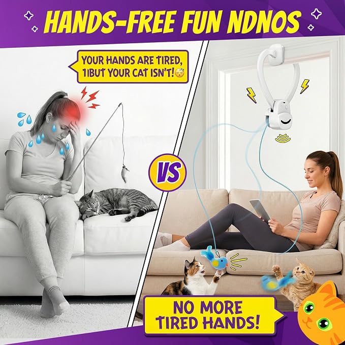 Interactive Cat Toys for Indoor Cats: Automatic Flying Bird Feather Wand Chase Exercise Enrichment Stimulation, USB Rechargeable Durable Safe Hanging Toy for Bored Kittens Adult Multi Cat Households