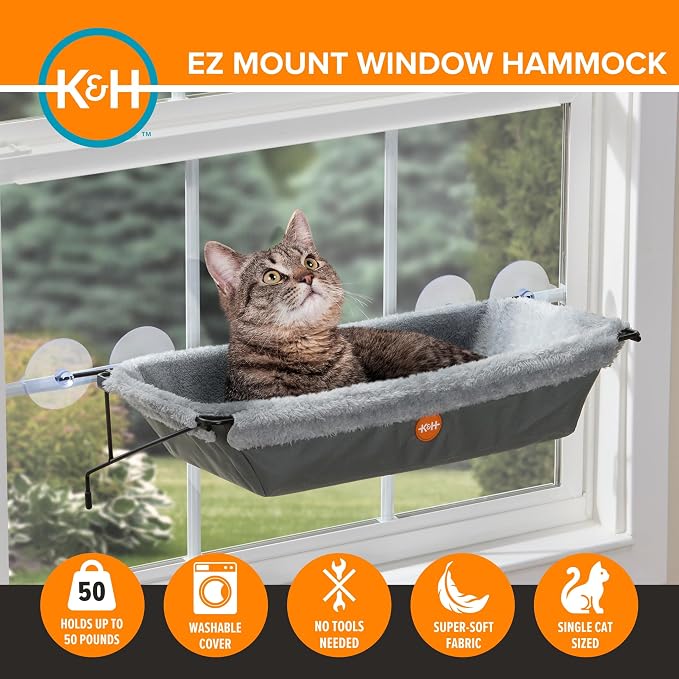 K&H Cat Window Perch, EZ Mount Cat Window Hammock, Holds 50 lbs, Gray | Sturdy Kitty Sill Seat, Strong Suction Cups, Metal Frame, Space-Saving Cord-Free Design, Indoor Window Bed, 23x12x9in