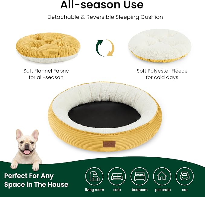 Love's cabin Round Donut Cat and Dog Cushion Bed, 30in Pet Bed for Medium or Large Dogs, Anti-Slip & Water-Resistant Bottom, Soft Durable Fabric Pet Beds, Washable Calming Cat Bed, Yellow