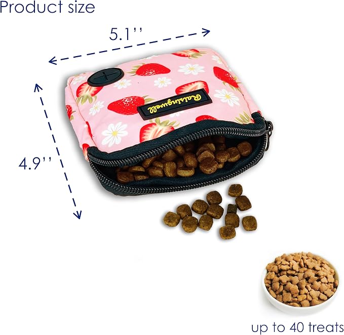 Raisingwell Dog Treat Pouch for Pet Walking and Training with Clicker Poop Bags Small Fanny Zipper Pack Holder for Puppy Snack Dispenser Kit for Leash and Outdoor Use (Strawberry)