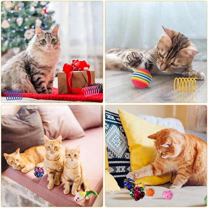 Shappy 150 Pcs Cat Toys for Indoor Cats Bulk, Kitten Toys Pack, Variety Interactive Gift Including Mice Rainbow Balls Spring Crinkle Balls Gift for Kitty Kitten Cat(Novel)