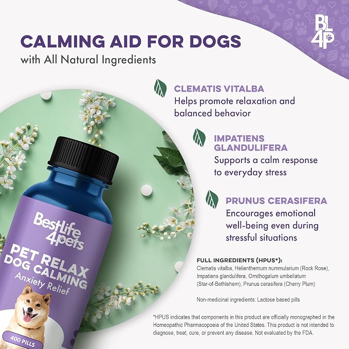 BestLife4Pets Pet Relax Dog Calming Anxiety Relief - 400 Pills | Long-Lasting Dog Relaxants for Stress Relief, Natural Solution for Separation Anxiety, Travel, Thunderstorms, and Fireworks