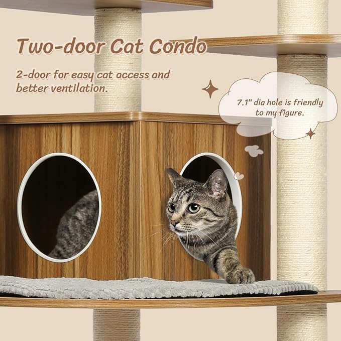Solid Wood Cat Tree, 69” Large Tall Cat Tower Multi-Level Platforms with Sisal Scratching Posts, Cat Tree for Large Cats 20 lbs Heavy Duty, Cat Condo Furniture for Active Cats