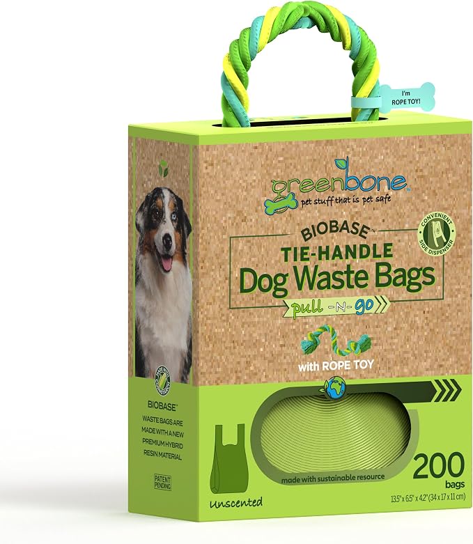 Greenbone Poop Bags for Dogs with Handles Unscented with Bonus Rope Pet Toy, 200 Count on Single Roll, Plant Based