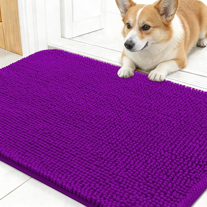 OLANLY Dog Door Mat for Muddy Paws 24x16, Super Absorbent Chenille Mud Mat | Purple, Absorbs Moisture and Dirt, Non-Slip Machine Washable Doormat, Quick-Drying Indoor Entryway Floor Carpet for Dogs