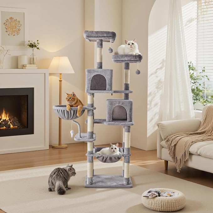 71 Inch Large Cat Tree Tower with Sisal Scratching Post | Multi-Level Cat Climbing Tower with Hammock, Pet Condo for Indoor Cats and Kittens, Light Grey