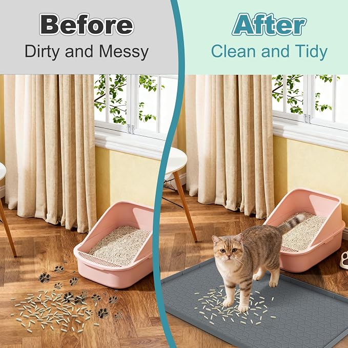 Cat Litter Mat Litter Trapping Mat, Silicone Cat Litter Box Mats for Floor, Non-Slip Litterbox Mat with Raised Edge, Easy Clean Pet Feeding Mat for Indoor Cats 34" X 22" Gray