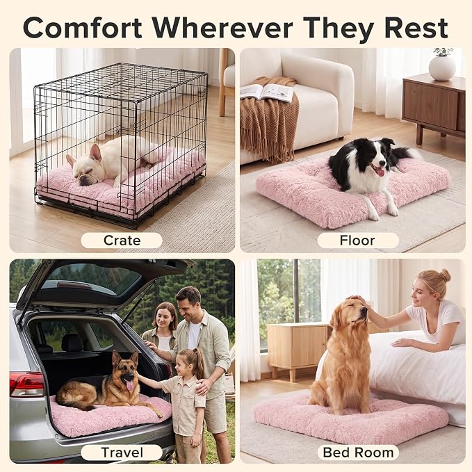 JOEJOY Dog Bed Crate Pad, Deluxe Plush Washable Dog Beds Fulffy Soft Kennel Pad Anti-Slip Pet Sleeping Mat for Small Dogs，23" x 18", Pink