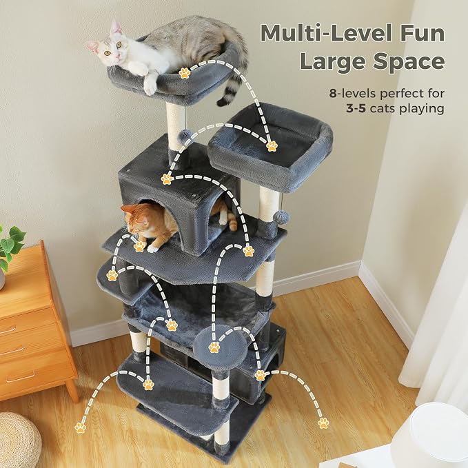 PAWZ Road 72" Cat Tree, Tall Cat Tower with Hammock& Condos for Large Cats | 20"x16" hammock for adult cats, cat tower with 7 scratching posts, dual top perch and large condo for big cats