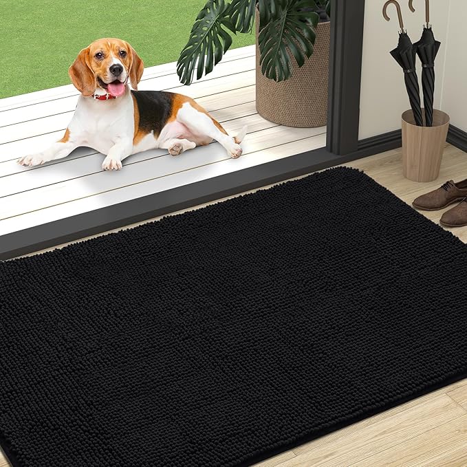 OLANLY Dog Door Mat for Muddy Paws 47x32, Super Absorbent Chenille Mud Mat | Black, Absorbs Moisture and Dirt, Non-Slip Machine Washable Doormat, Quick-Drying Indoor Entryway Floor Carpet for Dogs