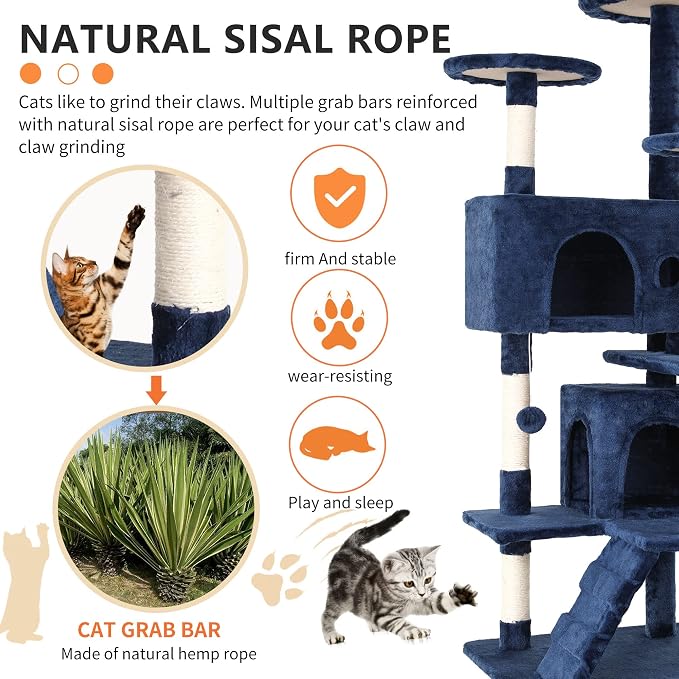 BestPet | 54" Cat Tree Tower | Navy Blue | Sturdy Multi-Level Cat Tree | with Plush Condo, Cozy Perch, Sisal Scratching Posts, Hanging Toy and Stable Frame | Easy Assembly | for Kittens & Adult Cats