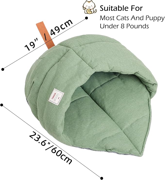 Cat Sleeping Bag Cave Bed with Non-Slip Bottom (Leaf Green) | Comfortable Linen Fabric, Non-stick Hair, Felt Handle, Washable, Suitable Size for Most Cats and Puppy, Durable Pet Nest