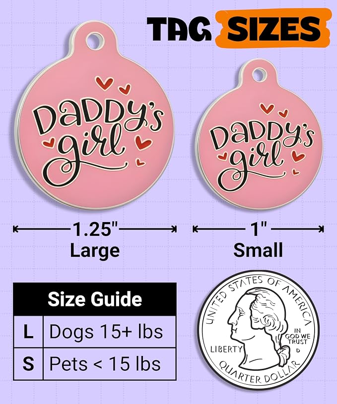 Bad Tags Personalized Dog and Cat ID Tags in 25+ Designs and 2 Sizes - 5 Lines of Custom Engraved Text - Funny Cute Personalized Pet Tags (Daddy's Girl, Large (1.25 inch))