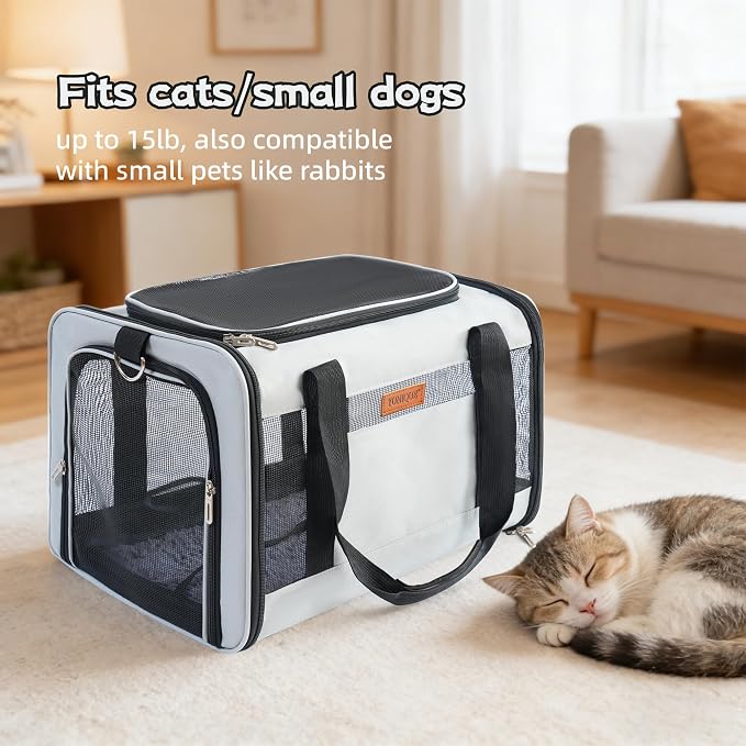 YUNIQUE Soft-Sided Cat & Dog Carrier for Pets Up to 15 Lbs, Airline Approved Collapsible Travel Puppy Carrier with Lightweight Fabric Design (lightgrey)