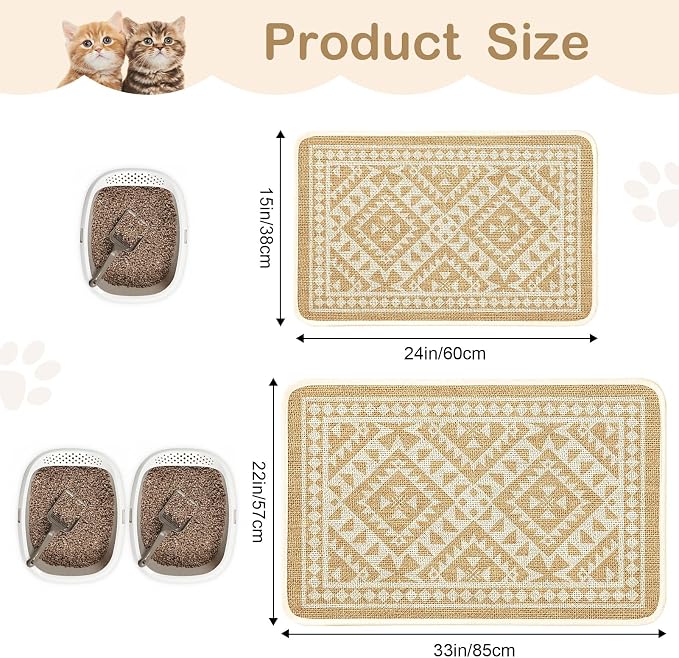 Bienbee Cat Litter Mat, 33" x 22" Litters Box Mat Machine Washable Less Waste Waterproof Litter Mats, Non-Slip Cat Litters Trapping Mats Easy to Clean Linen Geometric L