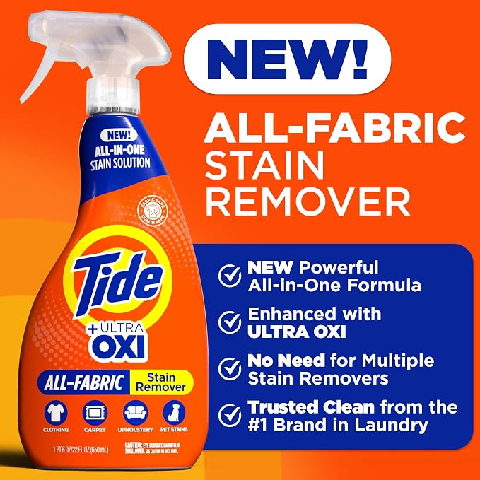 Tide Laundry Stain Remover Spray with Oxi | Stain Remover for Clothes, Carpet, Upholstery, Pet Bedding, & More | Stain Treater Spray for Tough Stains from Wine, Coffee, Grease | 22 Fl Oz (Pack of 4)