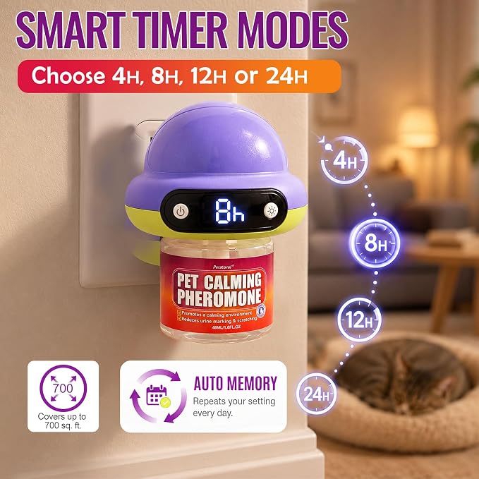 Cat Calming Pheromone Diffuser with 3 Refills, Smart Cat Calming Diffuser with 4/8/12/24-Hour Timer, Daily Auto-On, Helps Reduce Anxiety, Spraying & Scratching