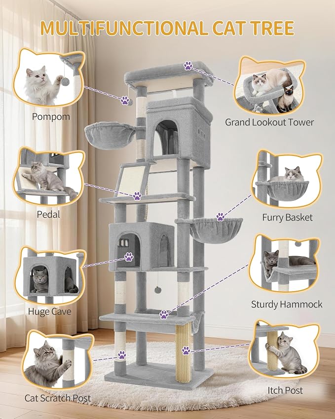Hzuaneri Tall Cat Tree 75 Inch, Indoor Large Multi-Level Cat Tower | Cat Condo Furniture with 5 Scratching Post, 2 Hanging Basket, 2 Condo, 2 Large Platform, Pet Play House, Light Grey MS19018LG