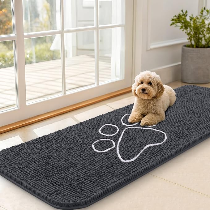 OLANLY Dog Door Mat for Muddy Paws 59x20, Paw Print Design Chenille Mud Mat | Dark Grey, Absorbent, Traps Moisture and Dirt, Non-Slip Washable Doormat, Quick-Drying Indoor Entryway Floor Carpet for Dogs