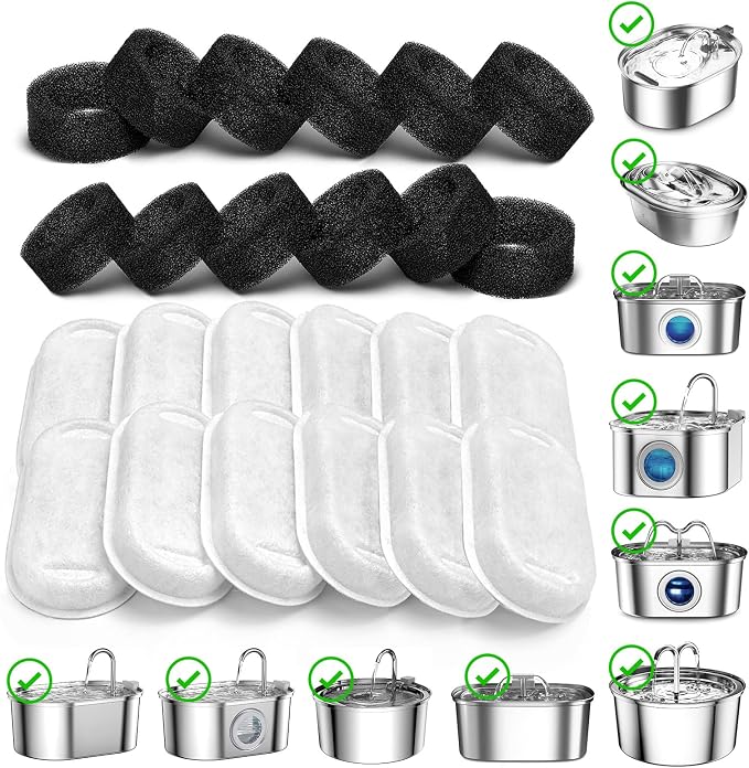 SOOFPET Cat Water Fountain Filters, 24 Pieces (12 Carbon + 12 Sponge), Replacement for 108oz/3.2L Stainless Steel Fountain
