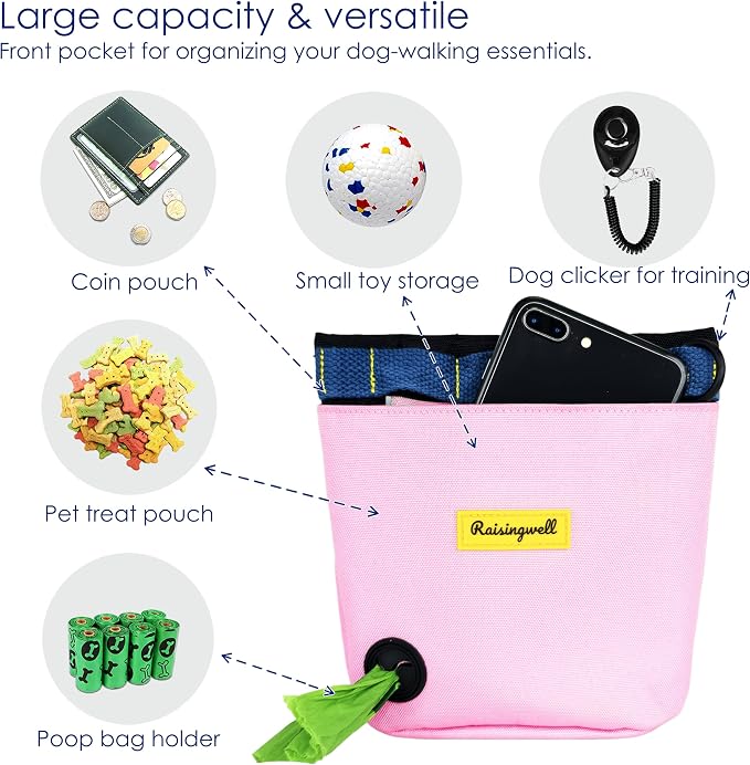 Raisingwell Dog Treat Pouch for Pet Walking and Training with Clicker 2 Cup Silicone Bag Small Fanny Pack Holder for Puppy Snack Dispenser Kit for Leash and Outdoor Use (Pink)