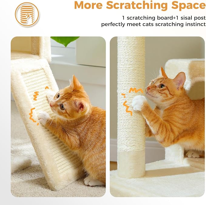 PAWZ Road Cat Tree, 35 Inches Cat Tower with Dual Condos for Adult Cats,Enlarged Top Perch, Scratching Posts&Pad for Indoor Cats-Beige