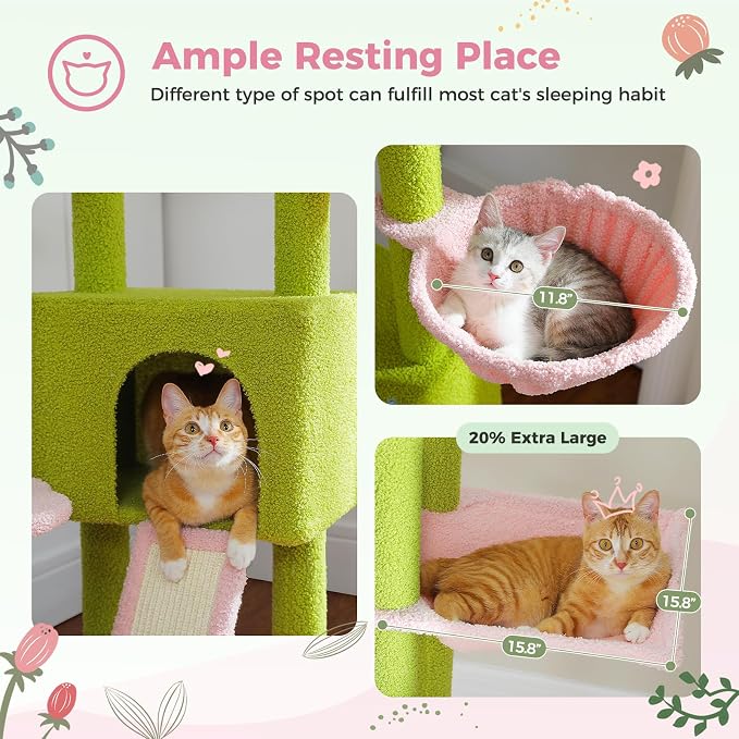 PEQULTI Floor to Ceiling Cat Tree Tower, Height Adjustable 230-252cm, Pink | Pink climbing pole for large cats with cat condo, hammock & sisal scratching posts; measure ceiling, fits 230-252cm
