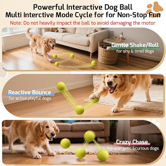 SNOYWEN Smart Interactive Dog Toy, Automatic Moving Bouncing Rolling Ball, Food-Grade Rubber Material IPX7 Waterproof Active Ball for Medium and Large Dogs (Yellow)