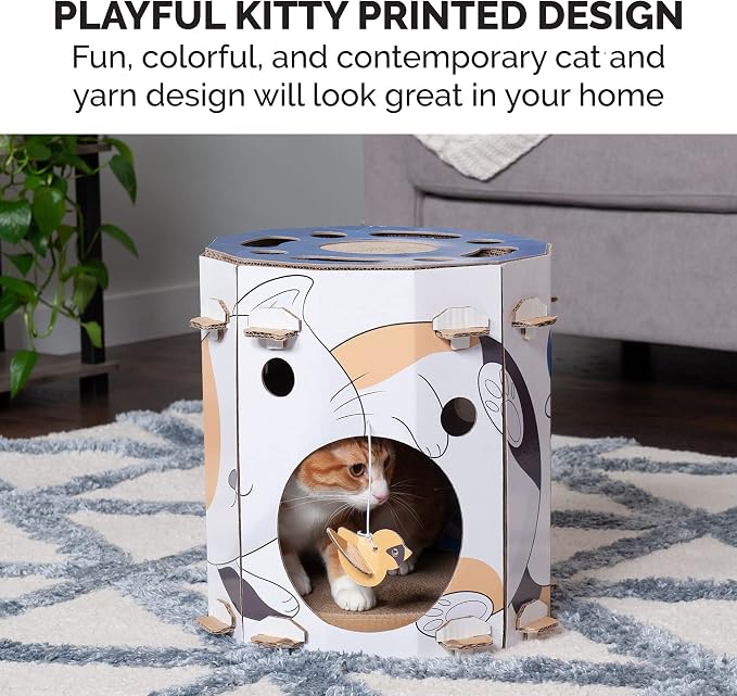 Furhaven Cardboard Hideout w/ Catnip for Indoor Cats, Ft. Scratching Pad, Ball Track, & Toys - Kitty Hideaway Corrugated Cat Scratcher House - Cat Print, One Size