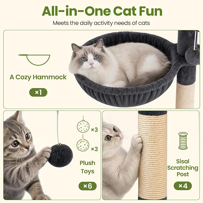 67in Cat Tree Tower for Indoor Cats, Multi-Level Dark Grey | Climbing Tower with 3 Large Platform, 4 Scratching Posts, Hammock, Large Condo for Multiple Cats, Modern Cat Tree Furniture
