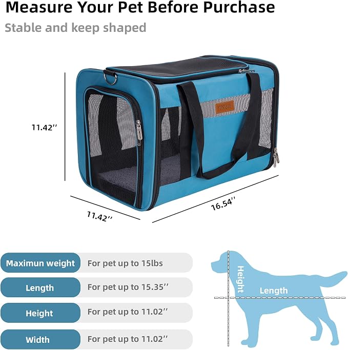 YUNIQUE Soft-Sided Cat & Dog Carrier for Pets Up to 15 Lbs, Airline Approved Collapsible Travel Puppy Carrier with Lightweight Fabric Design (Blue)
