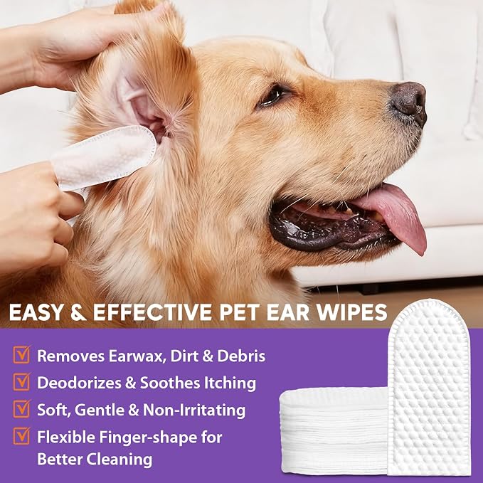 Pjordo Pet Ear Cleaner for Dog & Cat, Natural Formula - Aloe & Witch Hazel | Pet Ear Wash for Soothing Ear Itching & Deodorize, Ear Finger Wipes for Removing Ear Wax & Dirt, Suitable for Ear Daily Care