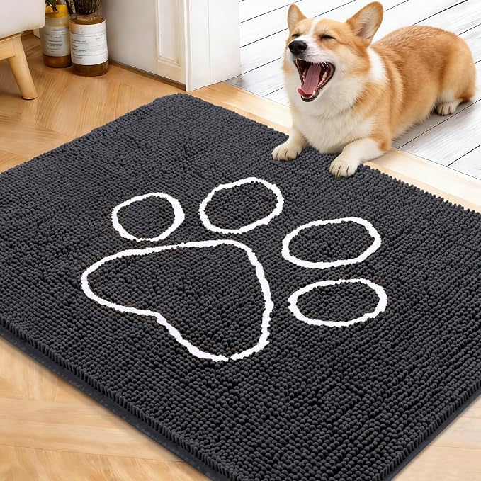 OLANLY Dog Door Mat for Muddy Paws 40x32, Paw Print Design Chenille Mud Mat | Dark Grey, Absorbent, Traps Moisture and Dirt, Non-Slip Washable Doormat, Quick-Drying Indoor Entryway Floor Carpet for Dogs