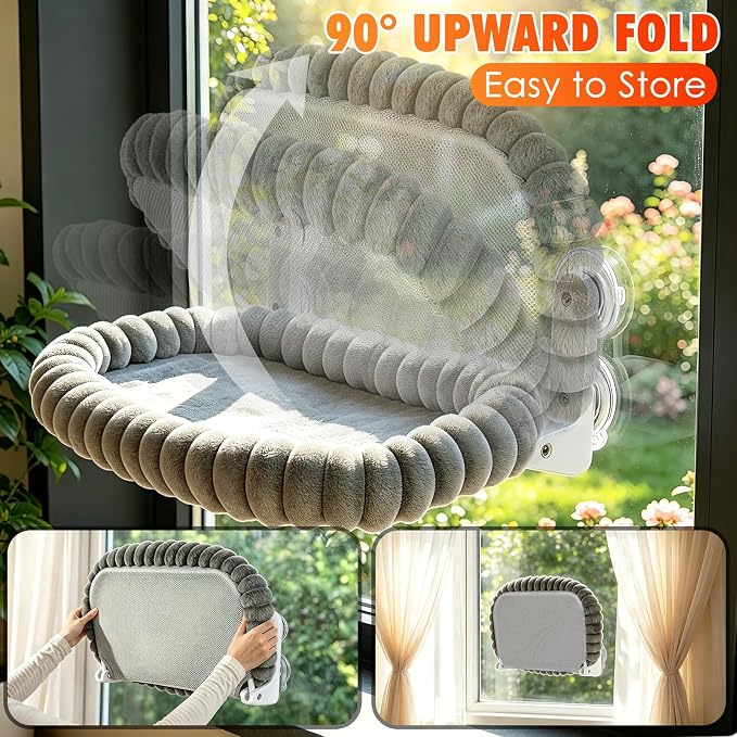 IPOW Cat Window Perch Cordless Foldable Cat Hammock Bed for Window with 4-Sided Bolster, Sturdy Metal Frame & Strong Suction Cups Window Hammock for Large Cats and Kittens 23.3 * 15.8in(Gray)