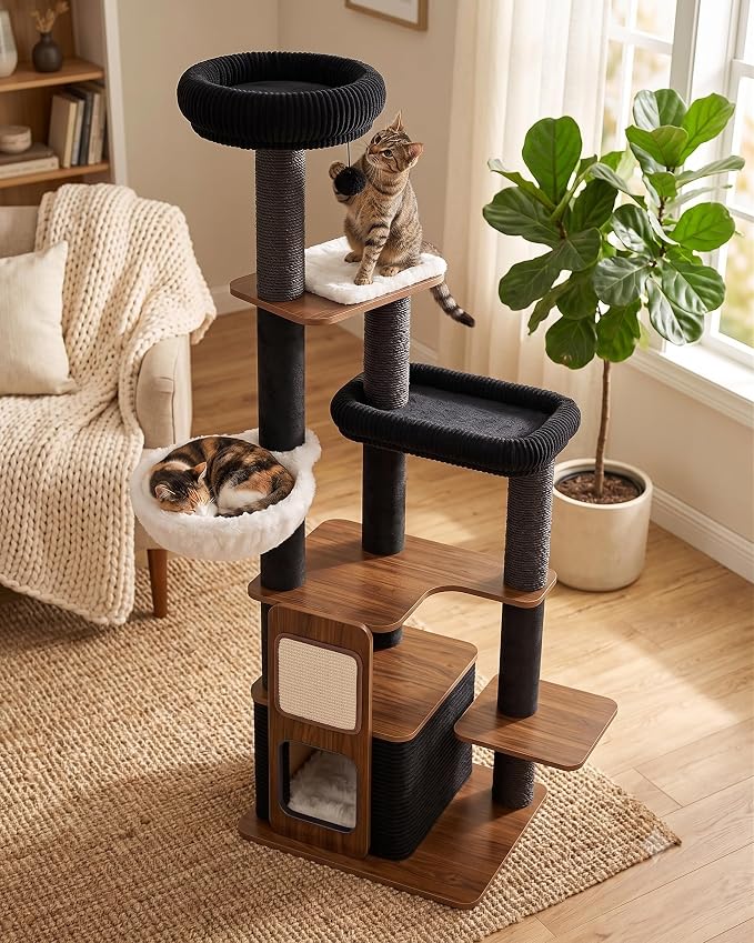 63" Wooden Cat Tree, Modern Cat Tower, Self-Grooming Brush, Walnut | Heavy Duty Cat Tree, Cats Furniture, for Large Cats up to 15 lbs, Climbing Post, Plush Top Perch, Stable Base, Cozy Cat Condo