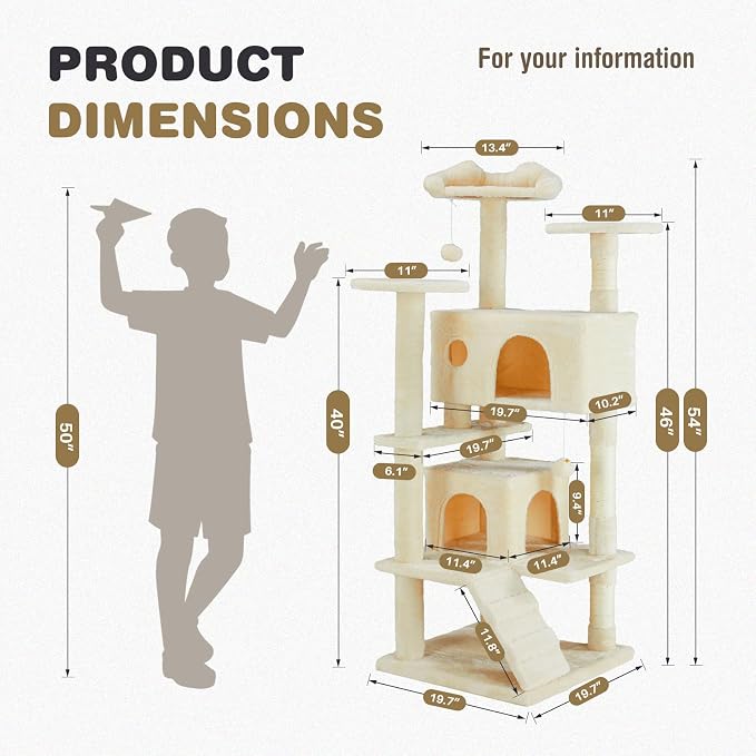 54 Inch Cat Tree Tower with Natural Sisal Scratching Post | Multi-Level Cat Climbing Tower with Hammock, Pet Condo for Indoor Cats and Kittens, Beige