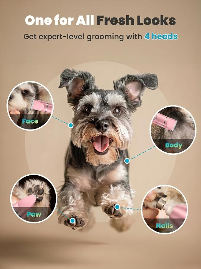 oneisall 4 in 1 Dog Grooming Kit with LCD Display Pink | Paw Hair Trimmer & Nail Grinder, Rechargeable, Cordless, Low Noise, IPX7 Waterproof, 3 Speeds Pet Grooming Clippers