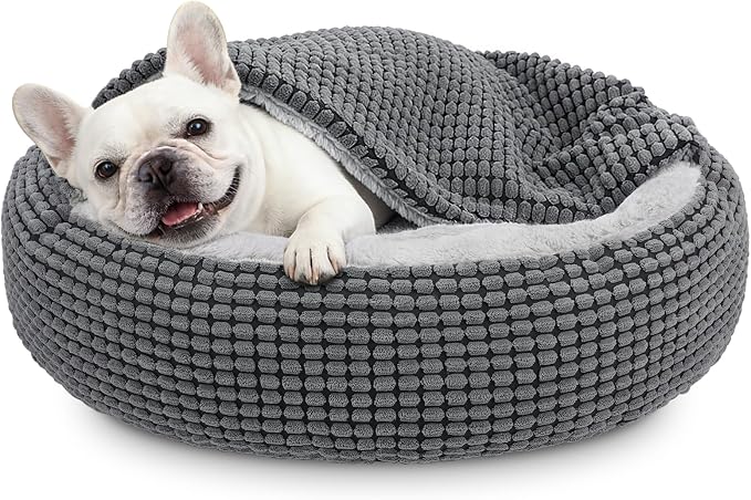 Dog Bed with Attached Blanket for Small Dogs or Cats, Soft Plush Cozy Donut Cuddler Hooded Pet Beds Washable. Round Puppy Bed Orthopedic, Calming Cat Cave Bed. Anti-Slip Bottom 26inch