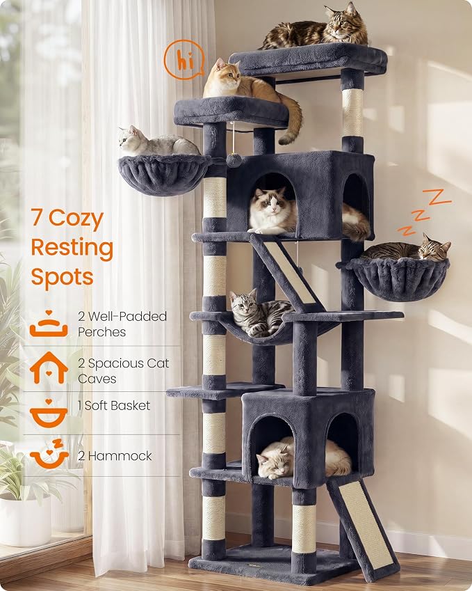 Feandrea Large Cat Tree, 81.1" Tall Sturdy Cat Tower for Indoor, Dark Gray | Sturdy Tall Climbing Tower, Multi-Level Condo for Indoor Cats, Dark Gray, CLAWFY Collection UPCT021G201