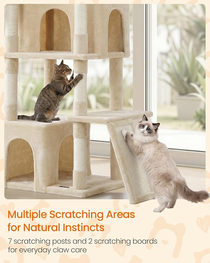 Feandrea 72.6-Inch Tall Cat Tree Tower for Indoor Extra Large Cats, Scratching Posts, Scratching Boards, Multi-Level Design, Beige UPCT014Y101S