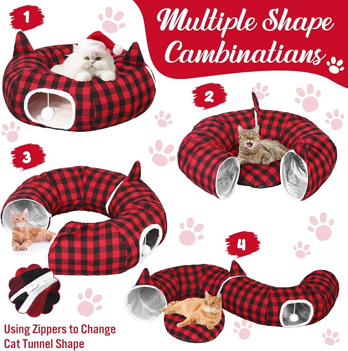 Dansydaisy Cat Tunnel Christmas Tree Skirt, Plaid Buffalo Cat Tunnel Bed with Toys, Hanging Pom Ball Plush Washable Cushion and Dangling Balls 3FT Peekaboo Playground for Small Rabbit Xmas Decor